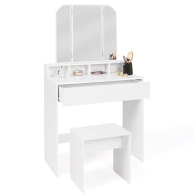 IDMarket - Coiffeuse Zelia 3 miroirs avec 4 niches, 1 tiroir et Tabouret, Blanc