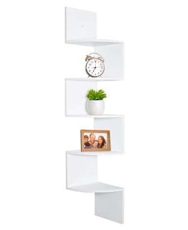 edihome, Etagere Angle Murale, en Bois, Étagère d'angle, Rangement à 5 Niveaux, Chambre à Coucher, Salon, Salle de Bain, Bureau à Domicile, Blanc Nuage (Blanc)