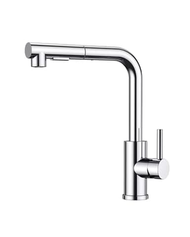 FORIOUS Robinet Cuisine, Mitigeur Cuisine avec Douchette Extractible, 2 Modes de Pulvérisation et Pivotante à 360°, En Forme de L Acier Inoxydable Monolevier Robinet Evier, Chrome Poli