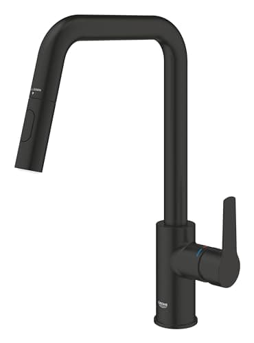 GROHE Start Mitigeur Monocommande Evier, Mitigeur Cuisine, Bec Haut, Douchette Extractible, Inverseur 2 jets (Laminaire/Pluie), Rotation 360°, Installation Facile, Noir Mat, 306312430