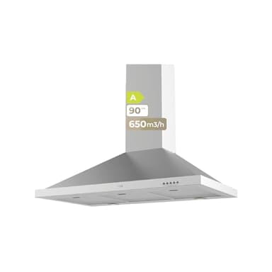 EVVO Hotte aspirante pyramidale CE26 Pyramid, filtre en aluminium à 5 couches, largeur 90 cm, puissance 650 m³/h, lumière LED, filtre à charbon actif, 3 vitesses, efficacité énergétique A, finition