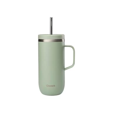 QWETCH - Cold Cup 600ml avec Poignée et Paille - 24h Glacé & 12h Froid - Vert Tilleul - Gourde Isotherme en Inox, Tasse Thermo Café