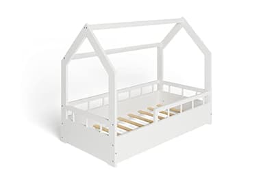 MS FACTORY Lit Enfant Bébé Maison 70x140 cm - Lit en Massif Cabane avec Protection Anti-retombée, Barrière Sécurité - Style Scandinave Montessori - Blanc Demi-barrières