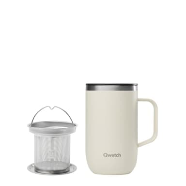 QWETCH - Mug Isotherme Inox Recyclé avec Anse & Filtre Infuseur Sable - Tisanière Isotherme 470ml - Thermo Café & Thé - 6h Chaud & 12h Froid - Bouchon Coulissant Anti-Éclaboussures