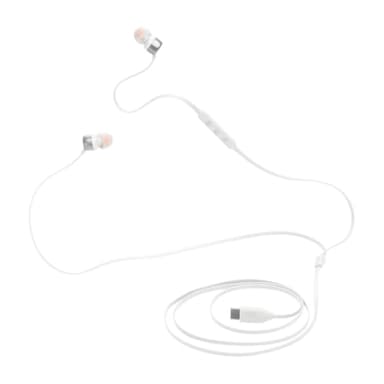 JBL Tune 310 C, Écouteurs filaires Hi-Res, son Pure Bass JBL, connexion USB-C, câble plat anti-nœuds, télécommande à trois touches avec microphone, en blanc