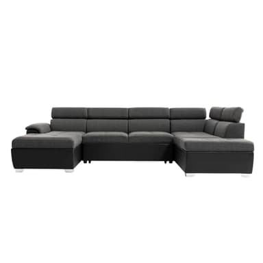 LOUNGITUDE - Canapé panoramique Convertible 2 coffres en Tissu et Simili - Noir/Gris foncé - 6 Places