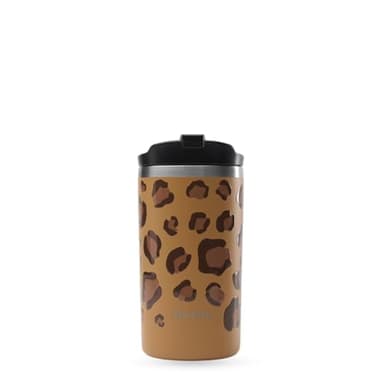QWETCH - Travel Mug Isotherme - Leopard Camel 350ml - Thermo Café & Thé en Inox - 6h Chaud et 12h Froid - Compacte & Étanche, Mug de voyage