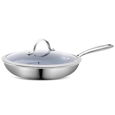 Poêle Antiadhésive en Acier Inoxydable de 26 cm,Revêtement Céramique Non Toxique pour la Cuisson, avec Couvercle, Compatible avec Induction, Électrique,Sans PTFE,PFAS,Convient pour le Lave-vaisselle