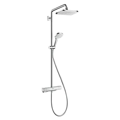 hansgrohe Croma E - Colonne de douche avec mitigeur thermostatique, douche pluie (280 x 170 mm) avec robinet, douchette, support, flexible de douche, barre et douche de tête carrée, Chromé, 27630000