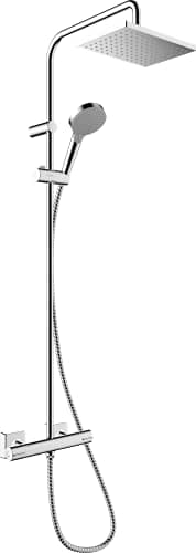 hansgrohe Vernis Shape - Colonne de douche avec mitigeur thermostatique, douche pluie (230 x 170mm) avec robinet, douchette, support, flexible douche, barre et douche de tête carrée, Chromé, 26286000