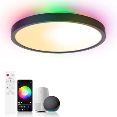 Birnetek® Plafonnier LED 30W, Luminaire Plafonnier RGB Rond 2700K-6500K, Éclairage de Plafond Dimmable, Compatible avec Alexa, Google Home, Contrôle APP, Télécommande, pour Chambres, Salons,Noir