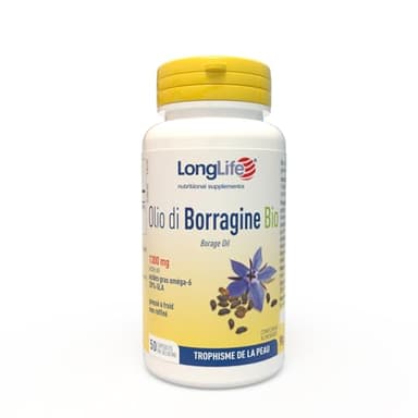 LongLife® Olio di Borragine Bio 1300 | Complément de bourrache titré à 20 % en GLA | Oméga‑6 | Beauté de la peau et confort articulaire | Jusqu’à 50 jours de traitement | Certifié BIO et sans gluten