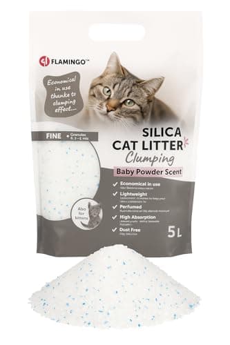 Flamingo Litière pour Chats - Parfum Talc pour bébé - 5L pour 6 SEMAINES - Origine Canada - neutralisent les odeurs désagréables - douce pour les pattes -aussi pour les chatons