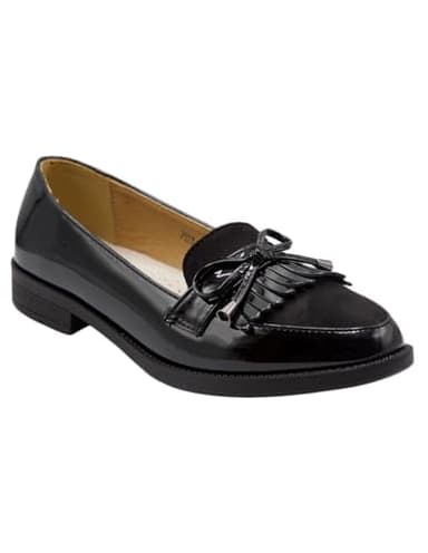 Mocassins Femme en Simili Cuir Verni - Chaussures Plates Elégantes et Confortables Intérieur Cuir avec Franges et Noeud