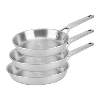 Florina Set Poêles en acier inoxydable LUCIDA | 20 CM, 24 CM, 28 CM | 3 pièces | Construction 3 couches | Noyau aluminium | Compatible four | Poignée ergonomique | Finition miroir | Tous feux