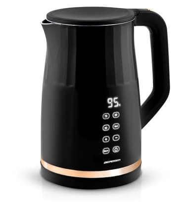 Berdsen Bouilloire en acier inoxydable, capacité 1,7 l, réglage de la température, fonction maintien au chaud, panneau tactile, 2200 W, base pirouet à double paroi, bouilloire, silencieuse, noir/doré
