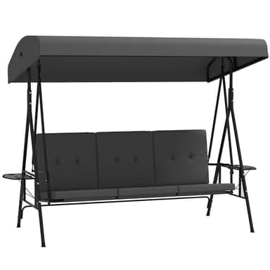 Outsunny Balancelle de Jardin 3 Places Grand Confort Inclinaison Toit réglable, 2 tablettes latérales, Coussins, Acier Polyester Gris foncé