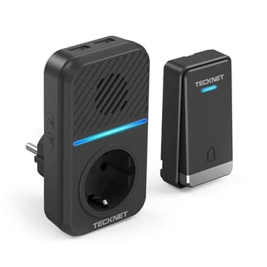 TECKNET Sonnette sans Fil, 400M Sonnette de Porte sans Fil Auto-alimentée, IP65 Étanche Carillon Electronique, Kit de Carillon avec prises USB Externe et Lumière LED, 60 Mélodies, 5 Niveaux Volumes
