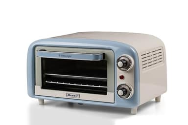 Ariete 3919 Four Électrique Vintage, capacité 10L, pour Cuire ou Réchauffer les aliments, température jusqu'à 230°, minuterie 60 minutes, grille en acier inoxydable, 800W, Double Verre, Bleu Clair