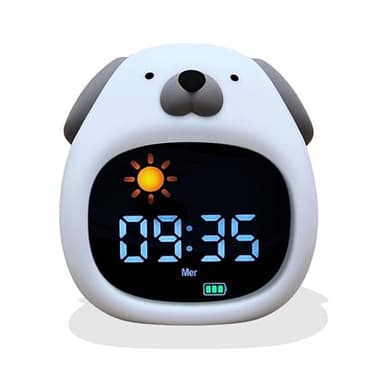 Reveil Enfant Educatif Jour/Nuit - Veilleuse Enfant Musicale et Lumineuse, Horloge Éducative avec Musique Relaxante - Bruit Blanc, Décoration Chambre Bebe, Réveil lumineux – 4niv de Luminosité (Chien)
