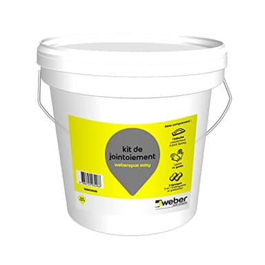 Kit de jointoiement, seau contenant une taloche caoutchouc à joint époxy, deux éponges 2 en 1 (nettoyante et grattante) et une paire de gants, Weberepox easy