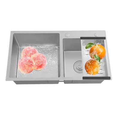 QUIOTUIR Evier Cuisine 2 Bac avec Panier D'égouttage 2 Filtres de Drainage Evier Inox pour Garages, Buanderies, Caves, Bars, Cuisines, Arrière-cours, Restaurants Commerciaux, 78x43x21cm