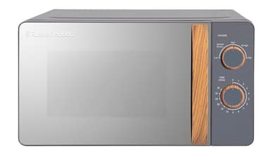 Russell Hobbs RHMM713G Micro-ondes manuel compact 700 W, 17 l, 5 niveaux de puissance, poignée et boutons effet bois, style scandinave, minuterie, fonction décongélation, nettoyage facile, gris