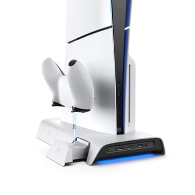 KIWI design D3 Support de Refroidissement et Station de Charge PS5 Slim avec Contrôleur RGB, Chargeur de Manette PS5, Accessoires PS5 Slim avec Ventilateur de Refroidissement à 2 Niveaux