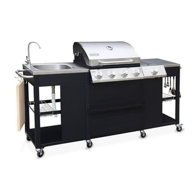 Alice's Garden - Barbecue. cuisine extérieure gaz - D'Artagnan - Barbecue 5 brûleurs dont 1 feu latéral. inox et noir. évier. planche à découper bois. ustensiles