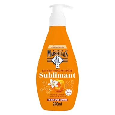 Le Petit Marseillais – Lait Soin Hydratant Nacré Sublimant (Flacon-Pompe de 250 Ml) – Lait Corps pour Peaux Très Sèches Confort 24H – Lait Corporel à l'Huile d'Abricot, Lys Blanc et Nacres