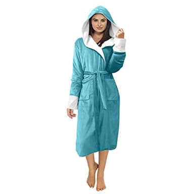 NAFING Peignoir De Bain Femme Coton Éponge Peignoir Long avec Capuche Velours Robe De Chambre Femme Absorbant Et Confort Douche, Serviette Kimono Léger avec Ceinture, Poches