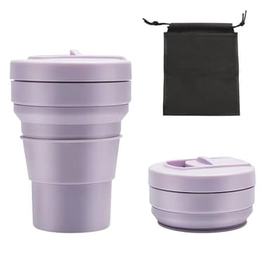 KQDRAVINE Verre Pliable de Voyage 355ml, Verre Retractable with Lid and Straw, Reusable Dishwasher Safe, Travel mug Adapté au Camping, au Bureau et aux Déplacements (Purple)