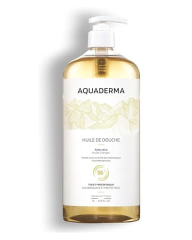 Aquaderma Huile Douche Aloe Vera & Huile d'Argan 1L - 96% Origine Naturelle & Made In France - Nourrit & Protège - Tous Types de Peaux, Visage & Corps - Hypoallergénique