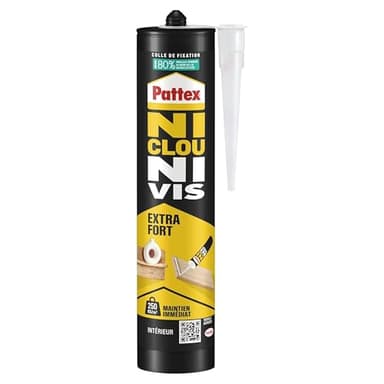 Pattex Ni Clou Ni Vis Extra Fort (cartouche de 380 g) – Colle de fixation à maintien immédiat – Colle rapide pour usage intérieur surpuissante