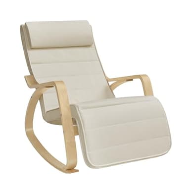 SONGMICS Fauteuil à Bascule, avec Accoudoirs en Bois, Repose-pieds Réglable en 5 Positions, Capacité 150 kg, 121,5 x 67 x 84 cm, pour Chambre, Salon, Beige et Couleur Boisée LYY010WZ01