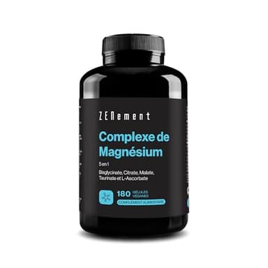 Complexe de Magnésium 5 en 1 - Bisglycinate, Citrate, Malate, Taurate et L-Ascorbate - Haute Biodisponibilité et Tolérance, sans oxyde de magnésium - 360 mg par dose - 180 Gélules - Zenement