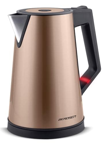 Berdsen Bouilloire en acier inoxydable, capacité 1,7 l, fonction maintien au chaud, 2200 W, double paroi base pirouet, bouilloire, silencieux, or