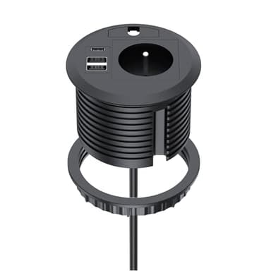 Prise Encastrable avec USB C PD20W, Dinolink Multiprise Encastrable avec 1 Prise, 1 Port USB C, 2 Port USB A, Multiprise Bureau pour Plan de Travail, Cuisine, Bureau, Meubles, Ø 80MM, 2M Câble, Noir