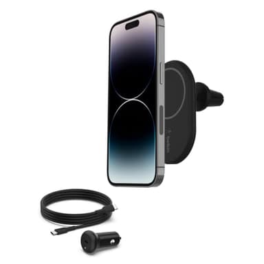 Belkin BoostCharge Chargeur de voiture Magnétique sans fil, Support Telephone Voiture Magnetique, Compatible MagSafe, pour l’iPhone 17, 16, 15, 14, 13 Pro, Max, Plus, mini (câble et chargeur inclus)