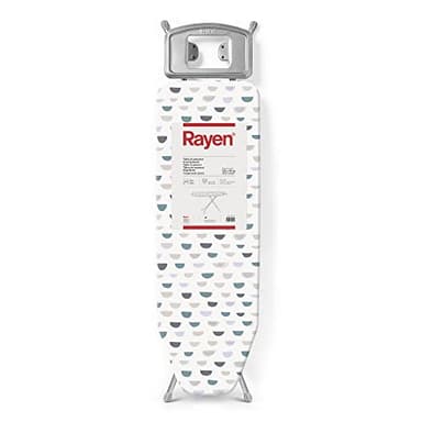 Rayen | Planche à Repasser | Gamme Basic | Planche avec Maille Métallique | Hauteur Réglable | Repose - Plaques | Grise/Imprimée Blanche | Dimensions : 120 x 38 cm