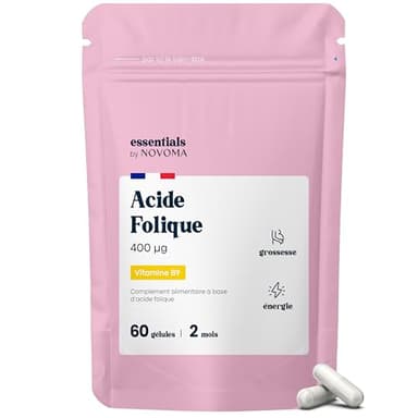 Acide Folique 400 µg, Vitamine B9, Conception et Grossesse, Soutient la Femme Enceinte, 60 gélules Végétales, Cure de 2 mois, Fabriqué en France, Essentials by Novoma