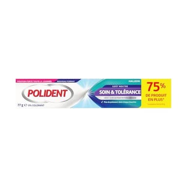POLIDENT - Soin et Tolérance - Crème Adhésive Hypoallergénique pour Prothèse Dentaire - Fixation 12 Heures - Aide à Protéger les Gencives des Irritations - Sans Colorant ni Aromes Ajoutés - Tube 77 g