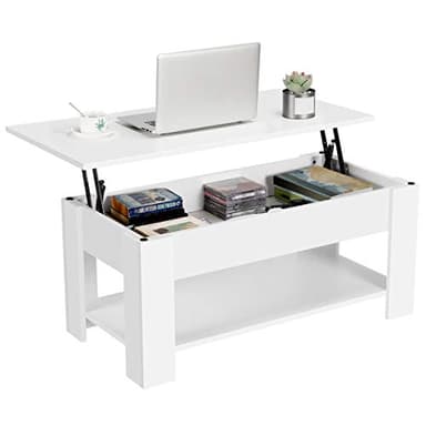 Yaheetech Table Basse avec Plateau Relevable Table de Salon Moderne avec Etagère de Rangement Compartiment Caché pour Salon Bureau 98 x 50 x 42 cm Blanc