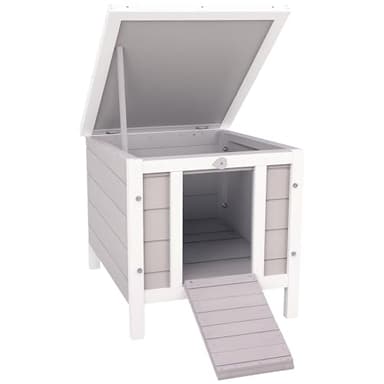 PawHut Clapier à Lapin Cage à Lapin avec rampes/Porte, Toit ouvrant et étanche - en Bois de Sapin dim. 51L x 42l x 43H cm Gris et Blanc