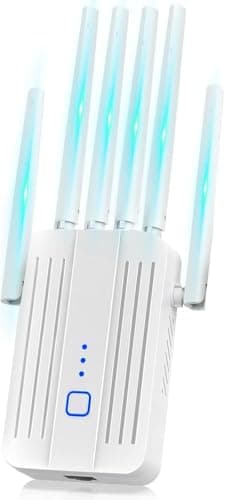 Repeteur WiFi Puissant, Amplificateur WiFi, Répéteur WiFi avec 6 Antennes, Modes Répéteur/AP, Couverture jusqu'à 3200 pi², Couverture Complète à 360°, pour la Maison et Le Bureau, Installation Facile