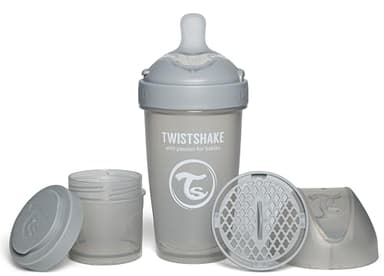 Twistshake Pro Double Biberon Anti-Colique avec Récipient à Lait en Poudre - 260 ml | Mamelon en Silicone à Débit Moyen | Biberon de Lait pour Bébé sans BPA | Convient aux Bébés de 2m+ | Gris
