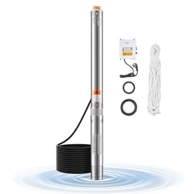 VEVOR Pompe immergée pour puits profond, 550 W, pompe à eau en acier inox, débit 65 L/min, hauteur de 64 m, avec cordon 20 m, boîtier de commande externe, IP68, pour maison, irrigation industrielle