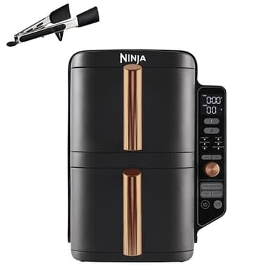 NINJA Double Stack XL Air Fryer, Friteuse sans huile Verticale Double Tiroir 4 Niveaux de Cuisson, 2 Tiroirs, 2 Grilles, Capacité de 9,5 L, 6 Fonctions, 8 Portions, Pinces, Noir/Cuivre SL400EUCP
