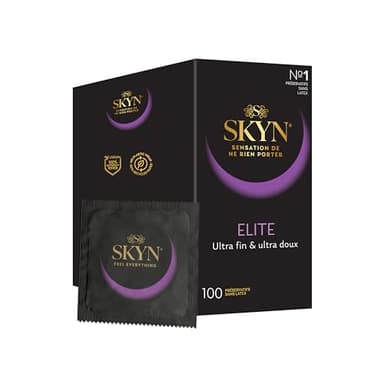 SKYN Elite Skynfeel Lot de 100 préservatifs sans latex pour homme Taille normale, ultra fins et doux, forme droite lisse, largeur 53 mm