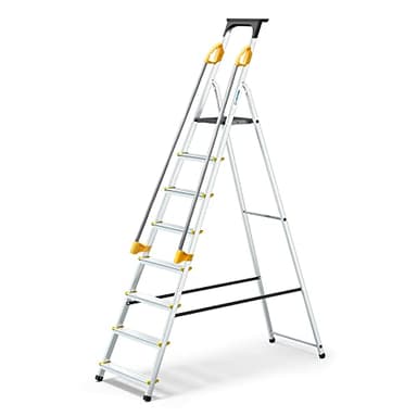 Escabeau 8 marches DURAMP sécurisé avec rampes, tablette porte-outils, marchepied pliable aluminium, hauteur plateforme 162cm, garantie 5 ans Hoström
